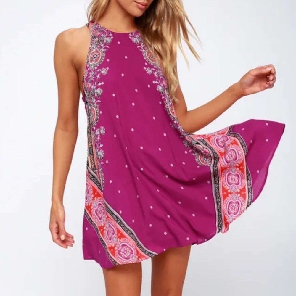 Intimately Free People Darjeeling Magenta Paisley Halter Neck‎ Slip Dress Sz S